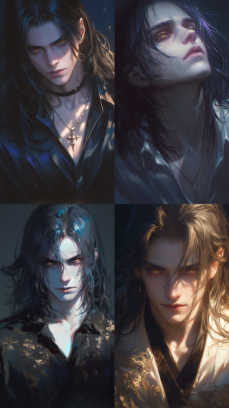 黑发美男子，金色竖瞳，长黑发，病态苍白，婀娜身姿，现代服饰，柔焦效果，侧逆光，高饱和度，冷色调，正视视角，浅景深，戏剧性光影，忧郁表情，细腻皮肤，丝绸衬衫，暗色背景，微仰头，眼神迷离，氛围感