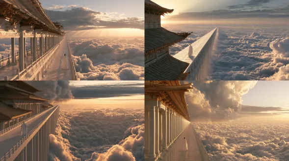 hyper-realistic chinese xianxia, white jade corridor extending infinitely from lower left to upper right toward the horizon, strong one-point perspective, gilded eaves, low-angle wide-angle upward shot, golden hour sidelight, warm golden light gilding the eaves and cloud sea edges, tyndall beams piercing through clouds, solitary white-robed cultivator standing back to camera, extremely tiny figure, vast fluffy cloud sea spreading to the horizon, sky transitioning from warm gold to pale blue-grey dusk, minimal composition, cloud and sky negative space over 60%, vast and boundless