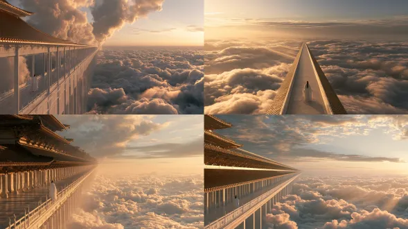 hyper-realistic chinese xianxia, white jade corridor extending infinitely from lower left to upper right toward the horizon, strong one-point perspective, gilded eaves, low-angle wide-angle upward shot, golden hour sidelight, warm golden light gilding the eaves and cloud sea edges, tyndall beams piercing through clouds, solitary white-robed cultivator standing back to camera, extremely tiny figure, vast fluffy cloud sea spreading to the horizon, sky transitioning from warm gold to pale blue-grey dusk, minimal composition, cloud and sky negative space over 60%, vast and boundless