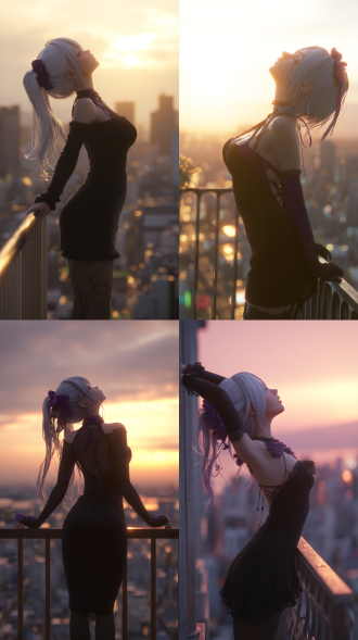 2.5d modeling, unreal engine 5 rendering, an anime beauty with white hair, wearing a long one - piece dress, black and purple strappy top (if applicable), black stockings, purple hair accessories, head tilted back, with a desperate and sorrowful expression, hands raised and gripping the balcony railing, cityscape and sunset in the background, sorrowful and despairing atmosphere, high - quality, detailed, hyper - realistic, focus on the character's face.