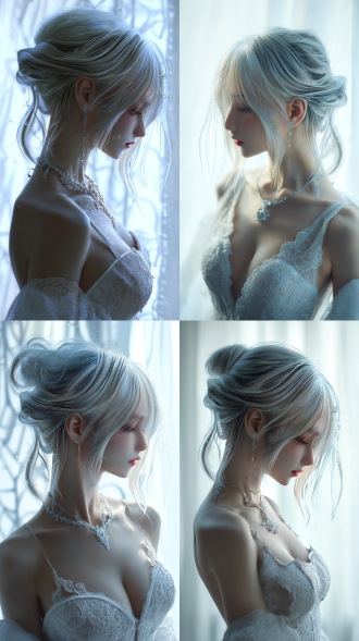 银发美女，部分盘发垂落，白色蕾丝细节长裙，精致项链和长耳环，柔和光感背景，轻盈窗帘纹理，冷色调为主，白色与浅蓝交织，优雅静谧，柔焦镜头，侧逆光，散景效果，高光细节，细腻皮肤质感，浅景深，柔和阴影。