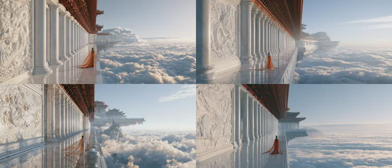 giant mythical chinese celestial palace corridor floating above vast rolling sea of clouds, left side lined with endless polished white marble columns, wall carved with exquisite ancient chinese dragon relief, corridor extends to distant far perspective, traditional chinese dougong upturned eaves roof in vermilion red, glossy mirror polished white marble ground, tiny ancient hanfu woman with flowing long orange silk ribbons standing at corridor edge with back to camera, far end of the palace built on misty mountain peak, white marble overhanging viewing platform, low angle golden hour warm morning soft sunlight, light atmospheric haze, clear pale blue sky, epic grand sense, extreme long depth of field, immersive vast fairyland atmosphere, chinese xianxia aesthetic, octane render, ultra realistic, cinematic wide lens shot, 8k, photorealistic, high detail