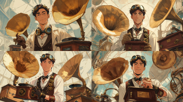 欧美复古动漫风格实验室，简约线条设计，科学家手持复古留声机，暖色调，柔和光线，广角镜头，几何构图，高对比度，蒸汽朋克元素，怀旧氛围，金属质感，实验器材，神秘微笑。