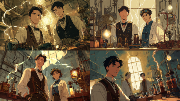 欧美复古动漫实验室，蒸汽朋克风格，简约线条，特斯拉线圈放电，科研场景，暖黄与金属色调，广角镜头，侧光，动态光影，专注表情，复古服饰，细节丰富，高对比度，科技感，实验台工具散落，电光闪烁，怀旧氛围