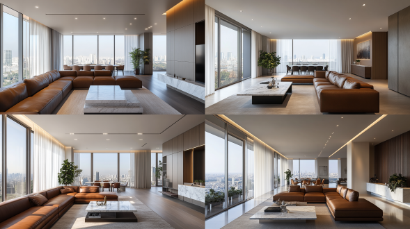 开放式客厅餐厅区域，意式简约设计风格，广角镜头，大落地窗看俯瞰城市，l型棕色皮质沙发，单人沙发，大理石茶几，客厅有地毯，吊顶内嵌筒灯，餐厅内嵌餐边展示柜，餐厅长形大理石餐桌，皮质餐椅，墙面简约意式线条，白色纱帘，适当点缀绿植，自然光，柔和氛围，4k画质，摄影级质感