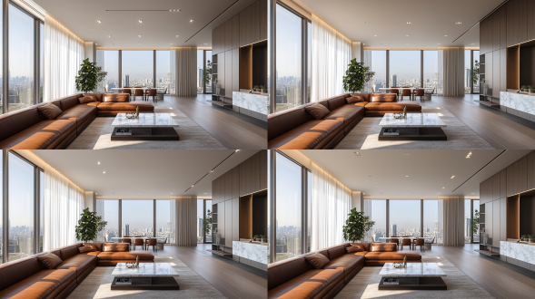 开放式客厅餐厅区域，意式简约设计风格，广角镜头，大落地窗看俯瞰城市，l型棕色皮质沙发，单人沙发，大理石茶几，客厅有地毯，吊顶内嵌筒灯，餐厅内嵌餐边展示柜，餐厅长形大理石餐桌，皮质餐椅，墙面简约意式线条，白色纱帘，适当点缀绿植，自然光，柔和氛围，4k画质，摄影级质感