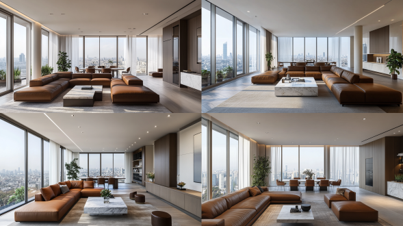 开放式客厅餐厅区域，意式简约设计风格，广角镜头，大落地窗看俯瞰城市，l型棕色皮质沙发，单人沙发，大理石茶几，客厅有地毯，吊顶内嵌筒灯，餐厅内嵌餐边展示柜，餐厅长形大理石餐桌，皮质餐椅，墙面简约意式线条，白色纱帘，适当点缀绿植，自然光，柔和氛围，4k画质，摄影级质感