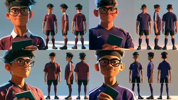 美式动画风格 3d 动画电影角色设定图，16:9 横版，中性浅灰色纯色背景，柔和均匀影棚光。画面左侧为一名 13 岁中国初中男生的近景胸像：高大壮硕，比同龄人宽一圈，方脸，短寸头，浓眉，皮肤略黑，戴黑框运动眼镜与黑色运动发带，神态自信好胜；穿深紫色带白色条纹的校队足球训练服、黑色短裤、深紫色长球袜、黑色足球鞋，手中拿着一个巴掌大的深绿色线圈小本和一支短铅笔。画面右侧为同一人物的站姿三视图，从左到右为正面、侧面、背面，三视图身高比例、发型、眼镜、发带、队服颜色与球鞋完全一致，双手自然下垂。运动面料、针织长袜、皮革球鞋质感清晰。