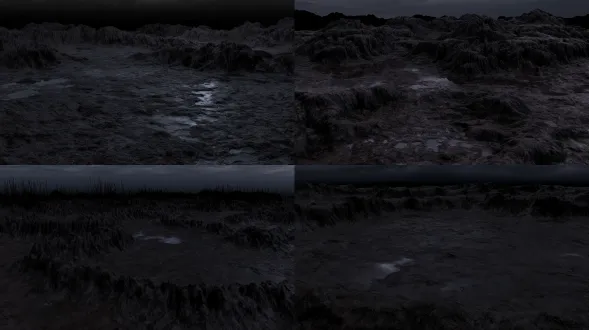 超写实场景，泥泞的地面，地面增加层次感，地面有起伏有高低段落感，少量的浅积水倒影，无任何生物，镜头构图不变，画面构图锁定，冷灰调，广角镜头，柔和侧光，浅景深，湿润质感，空旷萧瑟。