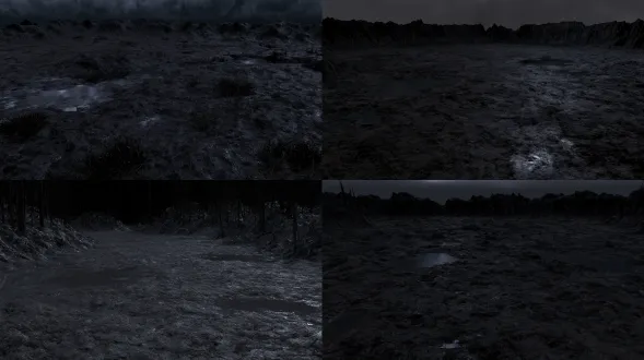 超写实场景，泥泞的地面，地面增加层次感，地面有起伏有高低段落感，地面有块面感和高低落差，少量的浅积水倒影，无任何生物，镜头构图不变，画面构图锁定，冷灰调，广角镜头，柔和侧光，浅景深，湿润质感，空旷萧瑟。