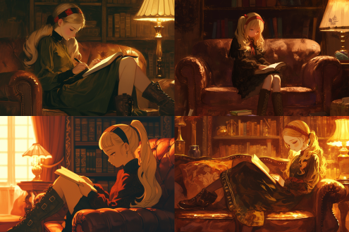 少女坐在复古皮沙发上专注阅读，亚麻色双马尾搭配红黑发带，哥特风素色长裙与棕色小皮靴形成质感对比，暖光台灯营造私密氛围，古典书房背景，书本特写镜头，柔焦前景，侧逆光勾勒发丝，安静优雅。 **关键词：** 特写镜头，古典书房，皮革沙发，台灯暖光，柔焦前景，侧逆光，亚麻色长发，红黑发带，哥特裙装，皮靴质感，翻书动作，静谧氛围，棕色调，纸张纹理，书柜虚化。