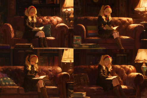 少女坐在复古皮沙发上专注阅读，亚麻色双马尾搭配红黑发带，哥特风素色长裙与棕色小皮靴形成质感对比，暖光台灯营造私密氛围，古典书房背景，书本特写镜头，柔焦前景，侧逆光勾勒发丝，安静优雅。 **关键词：** 特写镜头，古典书房，皮革沙发，台灯暖光，柔焦前景，侧逆光，亚麻色长发，红黑发带，哥特裙装，皮靴质感，翻书动作，静谧氛围，棕色调，纸张纹理，书柜虚化。