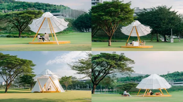 参考这个场景，在一片草坪上背景有树，现代写实风格，把图上的装置换掉