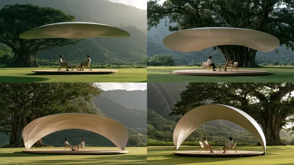 商业实拍照片，户外访谈场景，两个人坐在浅木椅子上对谈，搭建在圆形木质平台上，单曲面贝壳形态银白色金属遮阳顶，流畅大弧线造型，薄型金属板材，简约雕塑感，平整翠绿大草坪，背景有一棵巨大老榕树、层叠的青山，柔和漫射的午后自然光，清新明亮色调，中全景，浅景深，索尼a7m4拍摄，50mm f1.8，超高细节，构图干净