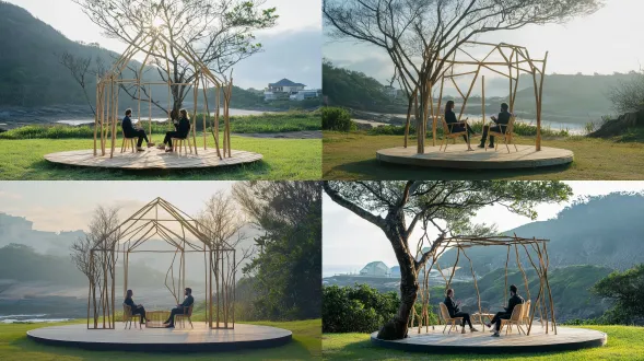 商业实拍照片，户外访谈场景，两个人坐在浅木椅子上对谈，搭建在圆形木质平台上，平台中央放置一个由细木杆和天然树枝搭成的房屋轮廓装置，像开放的空房子骨架，清晰的屋顶三角形、门框、窗框和竖向立柱，部分枝干保留自然弯曲和细枝桠，装置线条极简轻盈，与草坪自然融合，平整翠绿大草坪，背景有一棵巨大老榕树、层叠的青山，柔和漫射的午后自然光，清新明亮色调，中全景，浅景深，索尼a7m4拍摄，50mm f1.8，超高细节，构图干净