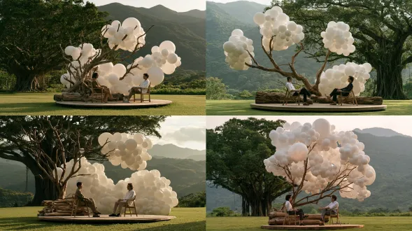 商业实拍照片，户外访谈场景，两个人坐在浅木椅子上对谈，搭建在圆形木质平台上，平台后方偏一侧设置一个树枝造型艺术装置，原木拼接树干和伸展枝条，枝条上挂满白色圆形气球，像云朵与果实结合，白色圆球大小错落，局部带半透明高光，装置自然生长在草坪中，平整翠绿大草坪，背景有一棵巨大老榕树、层叠的青山，柔和漫射的午后自然光，清新明亮色调，中全景，浅景深，索尼a7m4拍摄，50mm f1.8，超高细节，构图干净