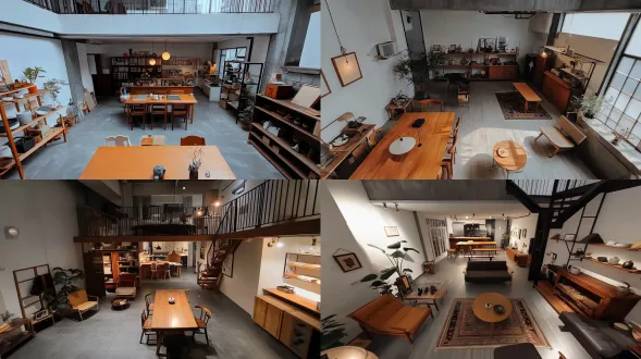 温馨loft家居，满置复古小物，纵深感构图，原木暖调，自然光，大光圈镜头，柔焦，烟火气，舒适松弛，氛围感拉满。