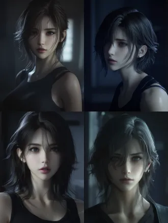 22岁清冷女性，居中构图，日式写实3dcg，老最终幻想质感，暗调室内，柔侧光，85mm定焦镜头，细腻皮肤纹理，凌乱湿碎发，低饱和冷灰调，疏离忧郁，破碎感