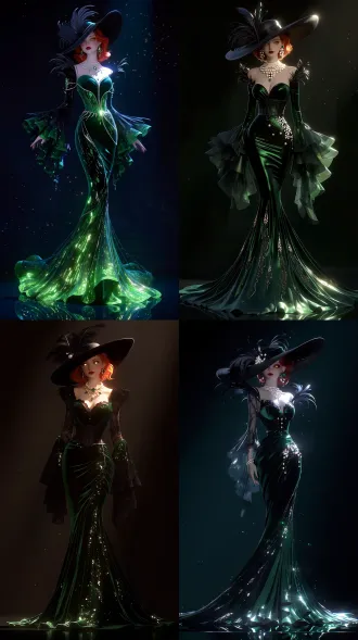 full body 3d game character model, standing pose, head to toe. a surreal dreamcore lady, flawless pale skin, striking red hair, golden glowing eyes. wearing a dark emerald green velvet victorian gown with exaggerated leg-of-mutton sleeves, corset waist, fishtail mermaid skirt, huge wide-brimmed black hat with black feathers. natural pearl jewelry, emerald gemstones. color palette: dominant dark emerald 70%, secondary black 25%, accent pearl white and muted gold 5%. pbr materials, detailed normal map for velvet, ray traced reflections on pearls, alpha lace textures. dark atmospheric background. unreal engine 5, nanite geometry, substrate materials, cinematic lighting, clean topology, high poly sculpt, 3d masterpiece.