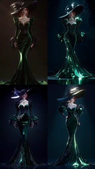 full body 3d game character model, standing pose, head to toe. a surreal dreamcore lady, flawless pale skin, striking red hair, golden glowing eyes. wearing a dark emerald green velvet victorian gown with exaggerated leg-of-mutton sleeves, corset waist, fishtail mermaid skirt, huge wide-brimmed black hat with black feathers. natural pearl jewelry, emerald gemstones. color palette: dominant dark emerald 70%, secondary black 25%, accent pearl white and muted gold 5%. pbr materials, detailed normal map for velvet, ray traced reflections on pearls, alpha lace textures. dark atmospheric background. unreal engine 5, nanite geometry, substrate materials, cinematic lighting, clean topology, high poly sculpt, 3d masterpiece.