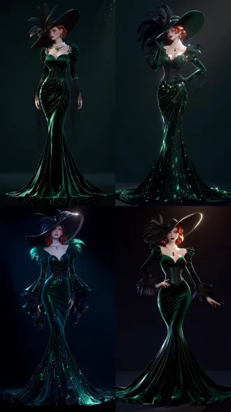 full body 3d game character model, standing pose, head to toe. a surreal dreamcore lady, flawless pale skin, striking red hair, golden glowing eyes. wearing a dark emerald green velvet victorian gown with exaggerated leg-of-mutton sleeves, corset waist, fishtail mermaid skirt, huge wide-brimmed black hat with black feathers. natural pearl jewelry, emerald gemstones. color palette: dominant dark emerald 70%, secondary black 25%, accent pearl white and muted gold 5%. pbr materials, detailed normal map for velvet, ray traced reflections on pearls, alpha lace textures. dark atmospheric background. unreal engine 5, nanite geometry, substrate materials, cinematic lighting, clean topology, high poly sculpt, 3d masterpiece.