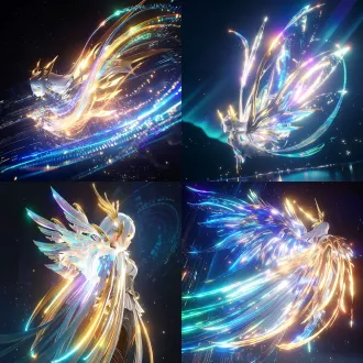 电影级3d cg渲染，空灵科幻女性，银发金角，发光金瞳。背部展开巨大的能量翅膀，材质为纯粹的极光与发光等离子体。没有实体边界，完全由流动的彩色光带和体积光组成，具有强烈的自发光和边缘色散。呈现石青蓝到香槟金的完美渐变。背景为深色科幻全息ui，浅景深。 色彩结构：主色深空蓝60%，辅助色月白30%，点缀色发光金10%。 材质与光学：极光等离子体，气态，体积发光（volumetric emission），无实体表面。 光影与渲染：ue5渲染，lumen全局光照，redshift光晕，电影级体积光。 摄影参数：哈苏x2d，85mm，f/1.4，微尘漂浮。