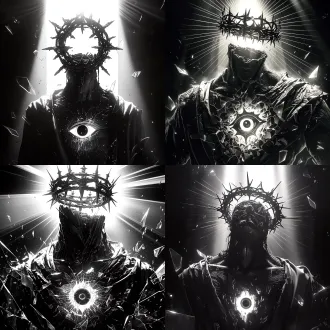epic dark fantasy illustration, high contrast black and white monochrome, a broken headless figure in tattered robes and a thorny crown halo, a massive singular eye glowing in the chest, shattered glass shards and ash dust floating in the air, divine backlighting, volumetric light rays, dramatic chiaroscuro lighting, woodcut carving textures, pbr materials, roughness map, octane render, arnold render, redshift bloom, cinematic 35mm lens, fine film grain, raw and solemn religious atmosphere.