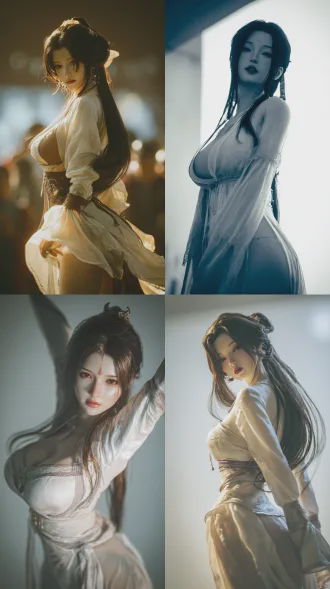 han dynasty, ultra - detailed, hyper - realistic style. shot with a telephoto lens to present a perspective view. the xianxia beauty inspired by the art style of nier:automata. the chest has a noticeable outward two dots contour. she has long, shapely legs, and her long hair flows gracefully. she strikes a coquettishly dynamic pose with a slightly curved waist and one hip subtly lifted to form a charming body arc. she is wearing a delicate and lightweight long dress made of silk. on the upper body, she pairs it with a traditional hanfu silk blouse. the cuffs of the blouse are designed in a slightly open traditional slitted style, with narrow piping trim along the edges. her exquisite makeup, the fabric of her clothes, and the texture of her skin are all highly realistic. cinematic lighting enhances the atmosphere. the depth - of - field effect softly blurs the background, and high - contrast lighting accentuates details. the composition incorporates excellent physical effects and is rich in details.