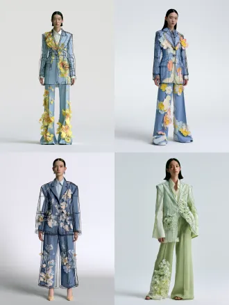 full body shot, young east asian female model, natural standing posture, clear complete facial features, fashion design presentation, line art with color filling, black outline technical line drawing overlay on colored render, haute couture women suit, main fabric: crisp cotton shirt fabric and wool suit fabric, 3d floral decoration made by fabric surface modification, simple silhouette, uncomplicated cutting, studio soft lighting, clean pure white background, show garment structure lines clearly, 8k, high detail