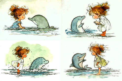 小女孩和海豚 水彩 水彩儿童画