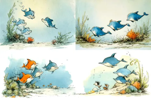 广角镜头，一群可爱风格化的海豚在阳光珊瑚礁中游弋。声波呈柔和的蓝色光晕。复古绘本，奇趣可爱，水彩纹理，大量留白的海洋，宁静美好vintage storybook illustration(复古故事书插画), whimsical cute style(奇趣可爱风格), soft watercolor textures(柔和的水彩纹理), gentle outlines(柔和的轮廓线), limited color palette(有限的色彩范围), ample negative space(大量留白), charming and heartfelt(迷人而真挚), trending on artstation(艺术趋势), award-winning illustration(获奖插画级别)