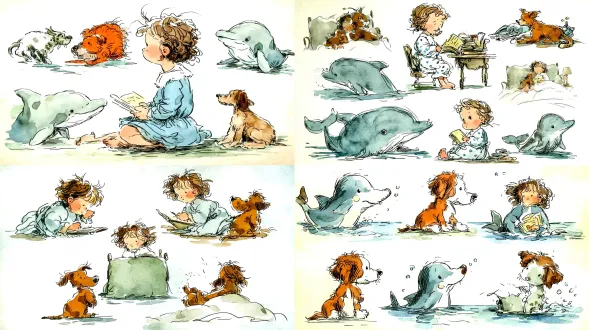 生成一个海豚的各个角度的图片vintage storybook illustration(复古故事书插画), whimsical cute style(奇趣可爱风格), soft watercolor textures(柔和的水彩纹理), gentle outlines(柔和的轮廓线), limited color palette(有限的色彩范围), ample negative space(大量留白), charming and heartfelt(迷人而真挚), trending on artstation(艺术趋势), award-winning illustration(获奖插画级别) 统一技术参数建议： -no photorealistic, 3d, realistic, complex background(排除写实、3d和复杂背景) 水彩 水彩儿童画 角色设计