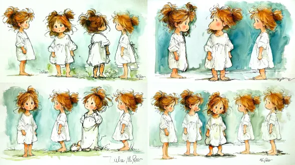 生成一个小女孩的各个角度的图片vintage storybook illustration(复古故事书插画), whimsical cute style(奇趣可爱风格), soft watercolor textures(柔和的水彩纹理), gentle outlines(柔和的轮廓线), limited color palette(有限的色彩范围), ample negative space(大量留白), charming and heartfelt(迷人而真挚), trending on artstation(艺术趋势), award-winning illustration(获奖插画级别) 统一技术参数建议： -no photorealistic, 3d, realistic, complex background(排除写实、3d和复杂背景) 水彩 水彩儿童画 角色设计