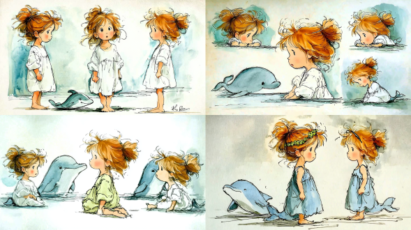 生成一个海豚的各个角度的图片vintage storybook illustration(复古故事书插画), whimsical cute style(奇趣可爱风格), soft watercolor textures(柔和的水彩纹理), gentle outlines(柔和的轮廓线), limited color palette(有限的色彩范围), ample negative space(大量留白), charming and heartfelt(迷人而真挚), trending on artstation(艺术趋势), award-winning illustration(获奖插画级别)描边线条少一点简单勾勒 统一技术参数建议： -no photorealistic, 3d, realistic, complex background(排除写实、3d和复杂背景) 水彩 水彩儿童画 角色设计
