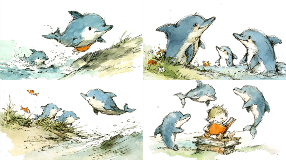 生成一个海豚的各个角度的图片vintage storybook illustration(复古故事书插画), whimsical cute style(奇趣可爱风格), soft watercolor textures(柔和的水彩纹理), gentle outlines(柔和的轮廓线), limited color palette(有限的色彩范围), ample negative space(大量留白), charming and heartfelt(迷人而真挚), trending on artstation(艺术趋势), award-winning illustration(获奖插画级别)描边线条少一点简单勾勒 统一技术参数建议： -no photorealistic, 3d, realistic, complex background(排除写实、3d和复杂背景) 水彩 水彩儿童画 角色设计