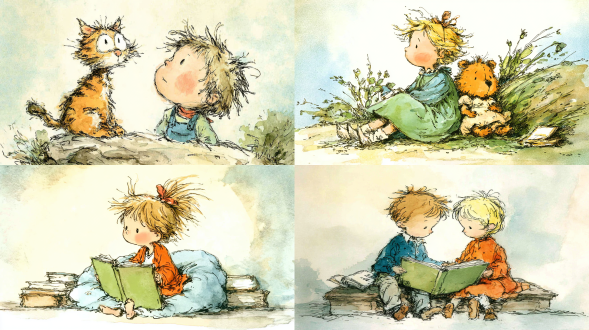 vintage storybook illustration, whimsical cute style, soft watercolor wash, blended colors, soft focus, diffused light, minimalist background, ample negative space, charming and heartfelt, matte painting, trending on artstation, award-winning illustration