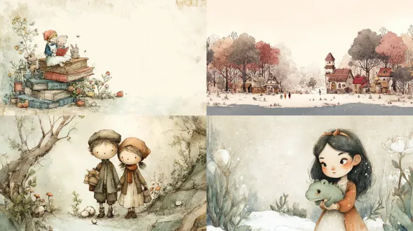 vintage storybook illustration(复古故事书插画), whimsical cute style(奇趣可爱风格), soft watercolor textures(柔和的水彩纹理), gentle outlines(柔和的轮廓线), limited color palette(有限的色彩范围), ample negative space(大量留白), charming and heartfelt(迷人而真挚), trending on artstation(艺术趋势), award-winning illustration(获奖插画级别)