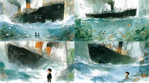 在海平面有一艘黑色的大轮船，视角是从海底仰视轮船的底部，不要有人要有压迫感，画面暗灰色滤镜，画风偏水彩不要写实有海浪 水彩儿童画 水彩