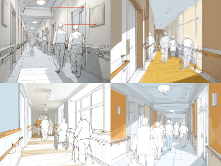 生成一个室内插画风的适老化过道，带有扶手和老年人，老年人有一圈白色描边，让人看起来像是在ps里自己手绘的