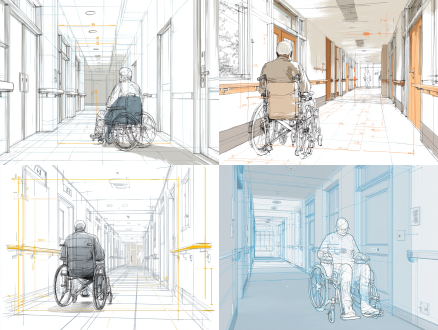 生成一个室内插画风的适老化过道，带有扶手和坐轮椅的老年人，轮椅老年人有一圈白色描边，让人看起来像是在ps里自己手绘的，所有尺寸要看起来符合适老化标准