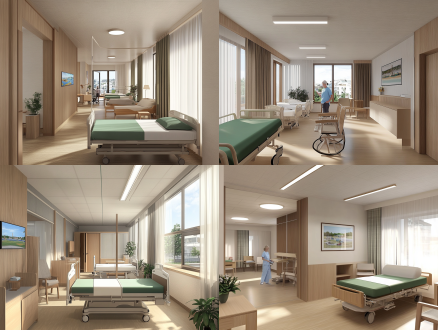 按照一的风格二的线稿生成一个带有真实纹理的插画风养老院室内效果图