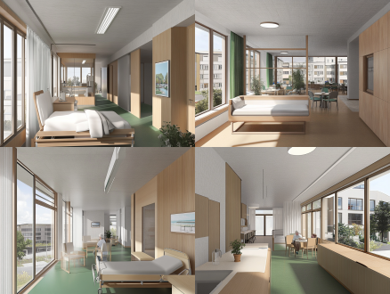 按照一的风格二的线稿生成一个插画风养老院室内效果图建筑可视化风格，3d渲染效果，艺术插画感，细节干净清晰，柔和阴影，色彩鲜艳自然，全局光照。写实但带有插画触感。眼平视角，广角镜头，完美的柔和阳光，清澈蓝天。使用d5 render渲染，高细节，锐利焦点，4k画质。