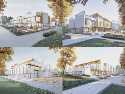 适老化建筑，采用简洁的盒子状结构设计，强调功能性与无障碍通行，整体呈现现代风格。建筑外立面以白色为主色调，搭配黄色调与红木色调作为点缀，营造温暖亲和的视觉氛围。材质注重通透感，大量使用落地窗，窗户数量多且分布均衡，增强室内外空间的视觉连贯性与采光效果。建筑表面体现细腻真实的建筑材料纹理，如微水泥、浅色金属与木质饰面，突出木质感但避免使用木质地板铺装于室外区域；取而代之的是具有木质色调的石材或复合材料铺装，以盒子形状排布，强化几何构成感，增强建筑的框架结构表现。 建筑设有一个宽敞的室外大平台，与室内空间流畅衔接，露台视野开阔，可俯瞰周边小型社区景观。环境以低维护花园为主，种植大量灌木与秋季变色乔木，树叶呈金黄色，地面覆盖落叶，呈现温暖明亮的秋日氛围。整体画风明亮清晰，强调自然光影与真实质感，建筑与周围环境和谐融合，植被柔和包裹建筑体量。屋顶设计轻盈，采用略微退台或局部镂空处理，避免过于实体化，增强透气感与现代美学表达。整体构图突出结构框架感，展现简约、宜居、贴近自然的适老化居住理念。