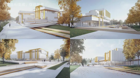 高级感木质白色调建筑。很通透室外平台有绿植，暖色调，户外老年人活动场所秋日金色树叶