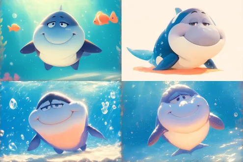 卡通虎鲸微笑肖像，对称构图，柔和色调，水彩笔触，圆润线条，大眼睛毛茸茸质感，温暖笑容，童趣天真风格，ip设计元素，可爱治愈感，淡蓝淡粉配色，柔和光晕，扁平插画风格，细腻晕染，简约背景，亲和力表情，手绘感细节，轻盈透明感