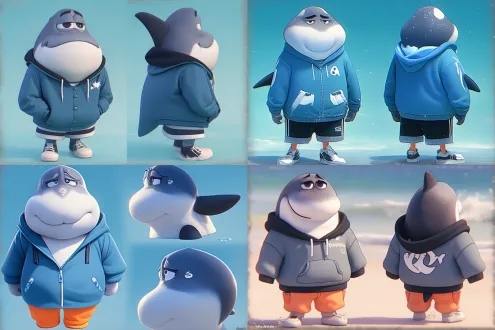 虎鲸穿机能卫衣，可爱盲盒风格，直视镜头行走全身图，3d渲染，无人类肢体，工作室自然光，柔和阴影，卡通比例，高饱和度，塑料质感，角色设计参考表，三视图，活泼表情，圆润线条，明亮色彩，动态姿势，浅景深，正面光，细节纹理