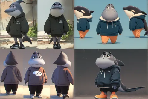 虎鲸，穿机能卫衣，可爱，盲盒风格，看镜头，行走，全身图，3d渲染，没有人类肢体,工作室自然光 角色设计 参考表 三维,三视图