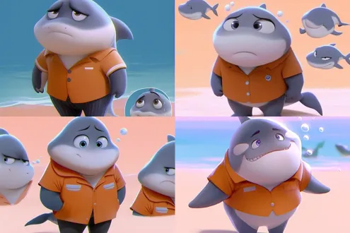 虎鲸，卡通形象，可爱，盲盒风格，三视图，表情活泼