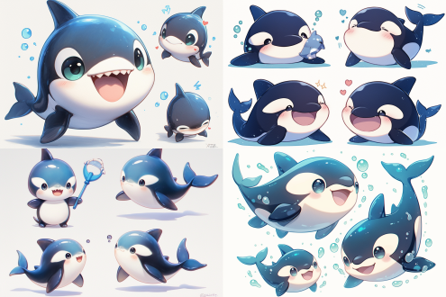 虎鲸，卡通形象，可爱，盲盒风格，三视图，表情活泼