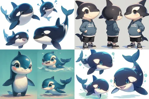 虎鲸，卡通形象，可爱，盲盒风格，三视图，表情活泼，站立拟人